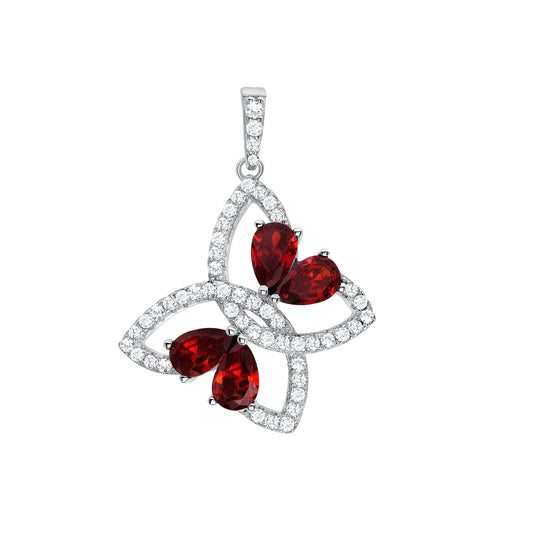 Silver 925 Rhodium Plated Cubic Zirconia Red Butterfly Drop Pendant. KS0174-P-RED