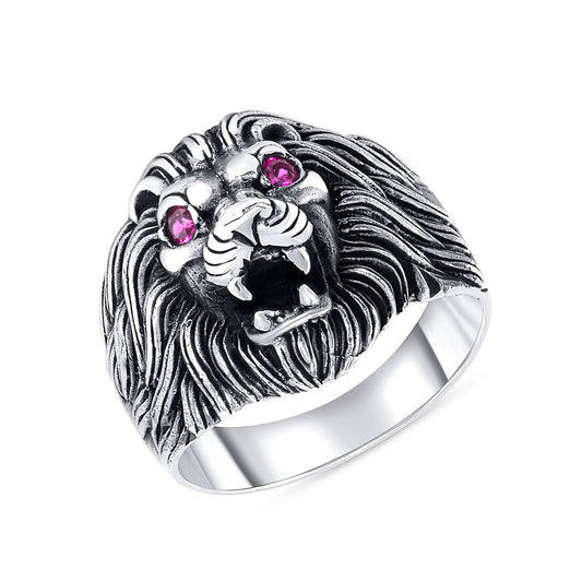 Silver 925 Lion with Purple Cubic Zirconia Men's Ring. MENRING22
