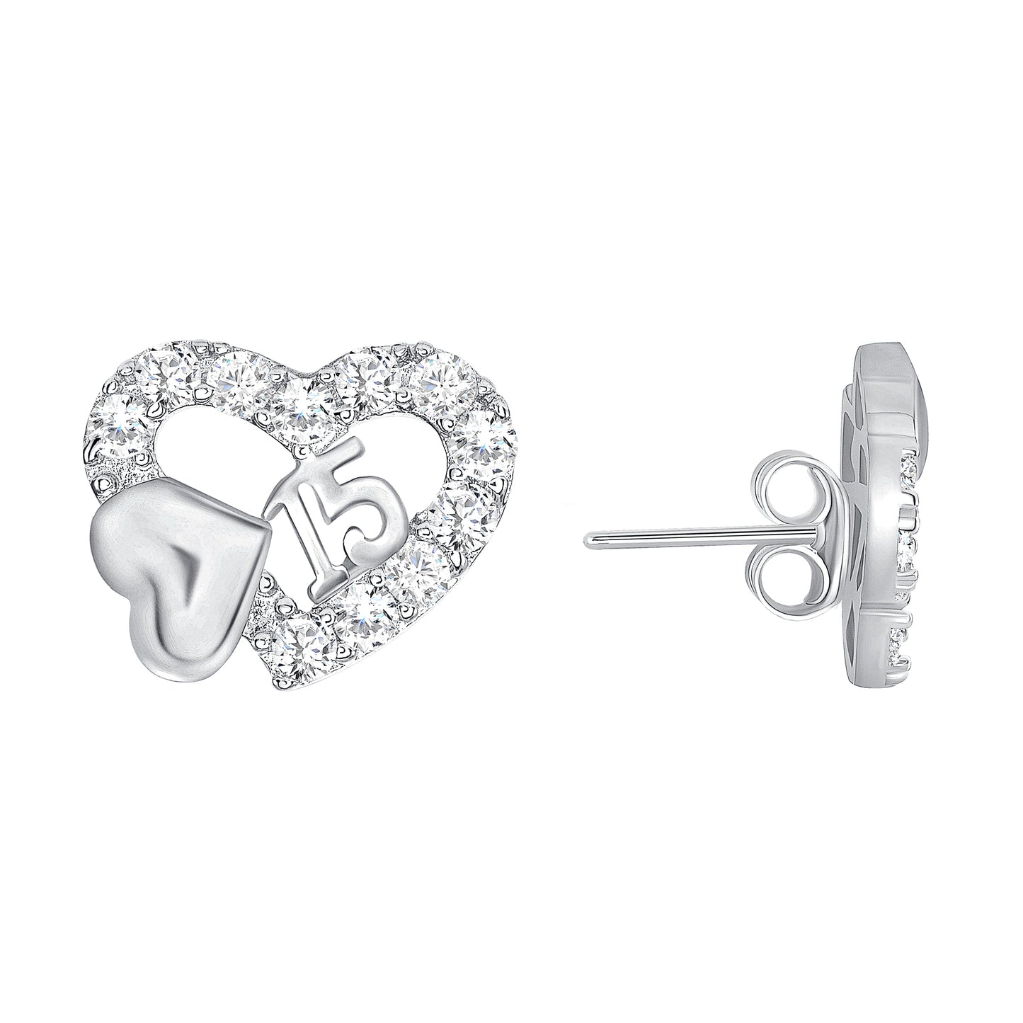 Silver 925 Rhodium Plated 2 Hearts 15 Years Cubic Zirconia Set PS0041C1