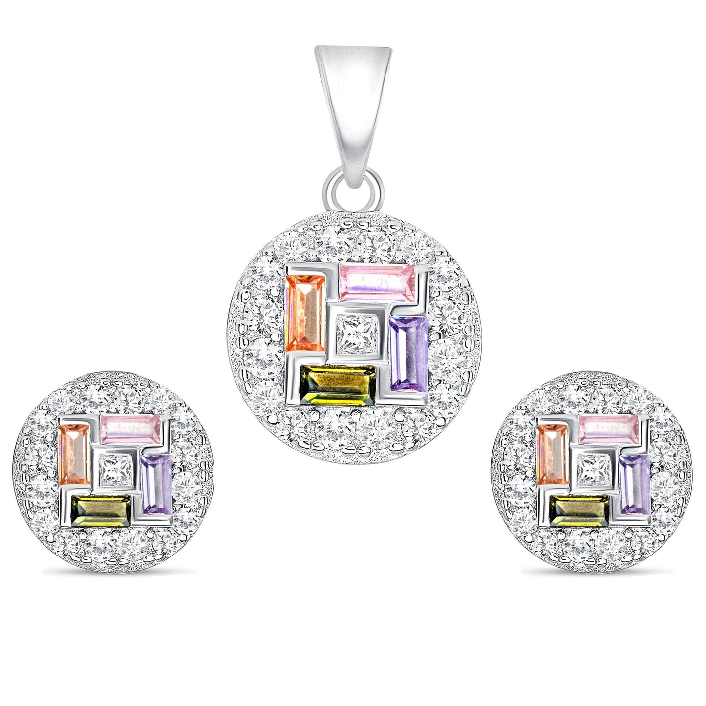 Silver 925 Rhodium Plated Multicolor Cubic Zirconia Set. PS1324C1-M