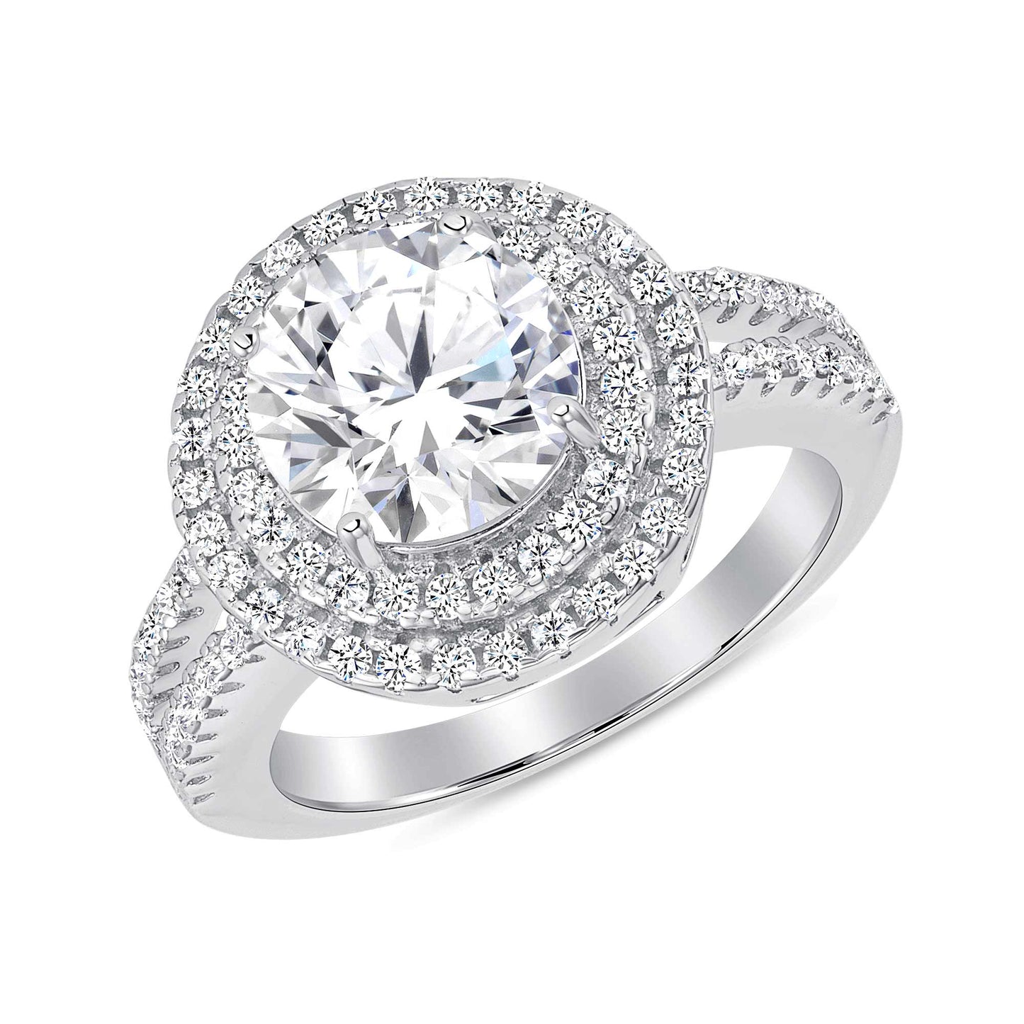 Sterling Silver Two Row Halo Style Solitaire Ring
