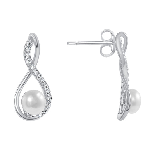 Silver 925 Rhodium Plated Infinity White Pearl Set. SETBP14361WHT