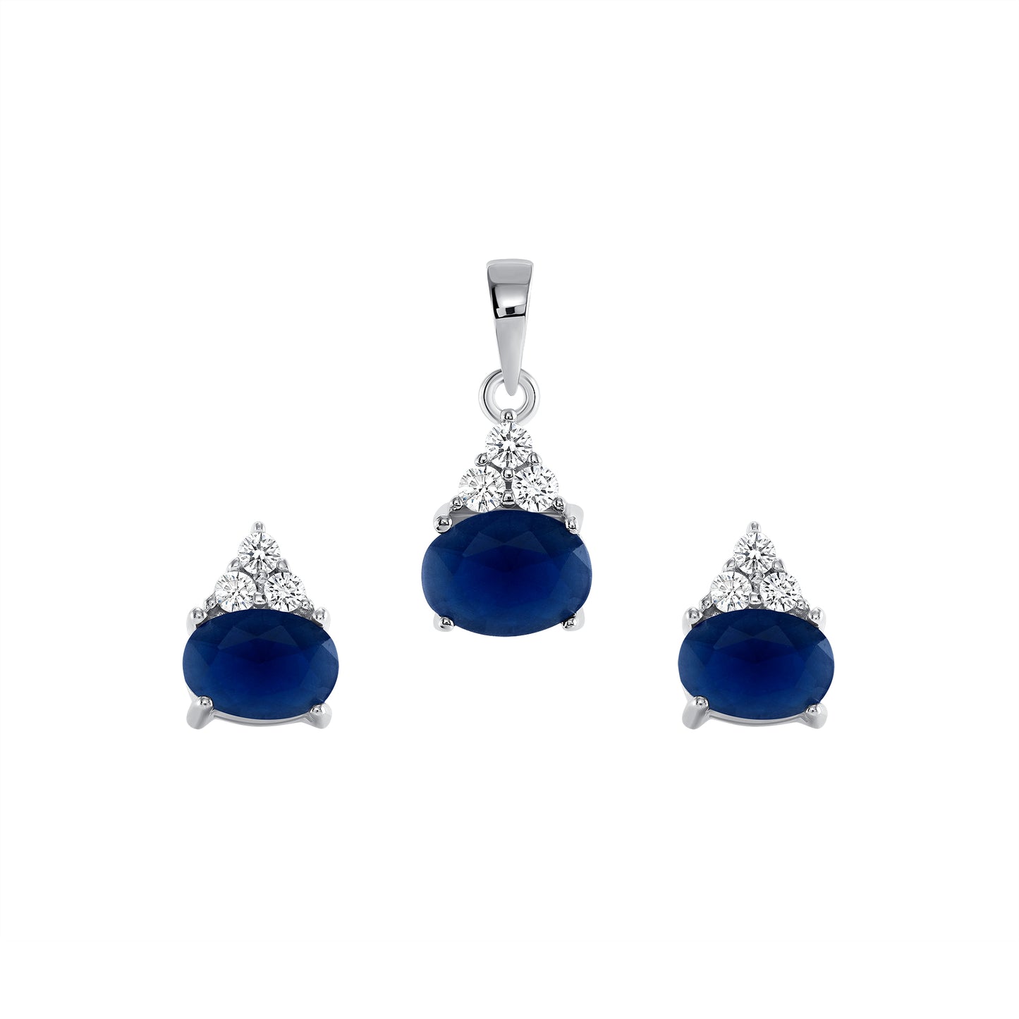 Silver 925 Rhodium Plated Oval Blue Matte Cubic Zirconia Crown Glass Set. SETBP13791BLU