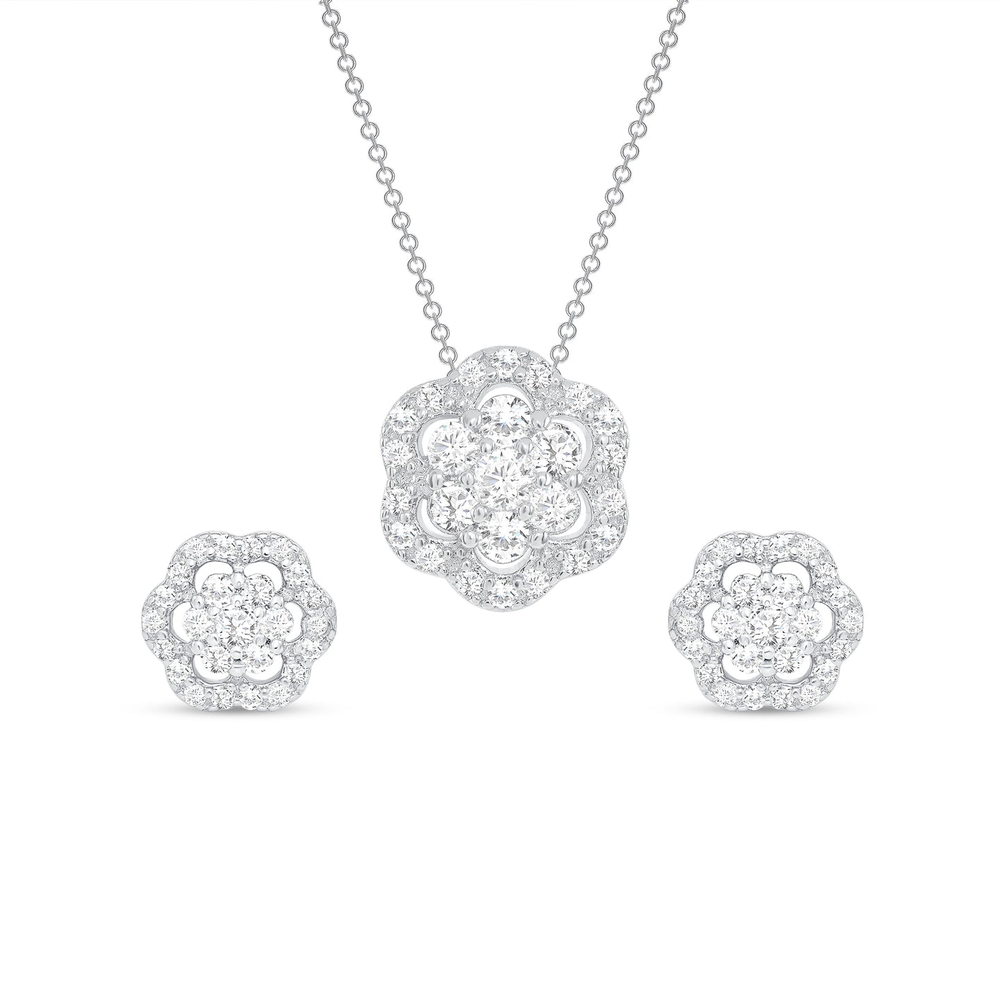 Silver 925 Rhodium Plated Micro Pave Cubic Zirconia Flower Set. SETBP14851