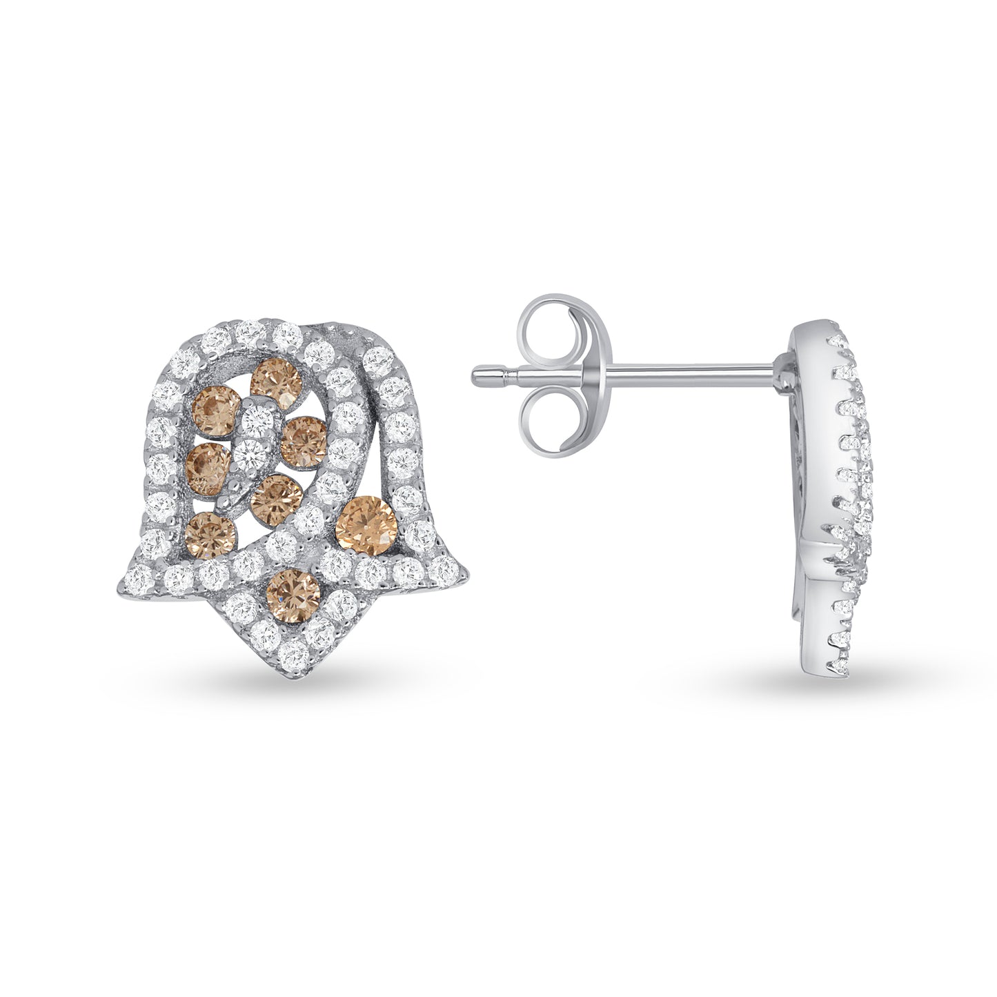 Silver 925 Rhodium Plated Tulip Flower Champagne Cubic Zirconia Set. SETDGN1297CHP