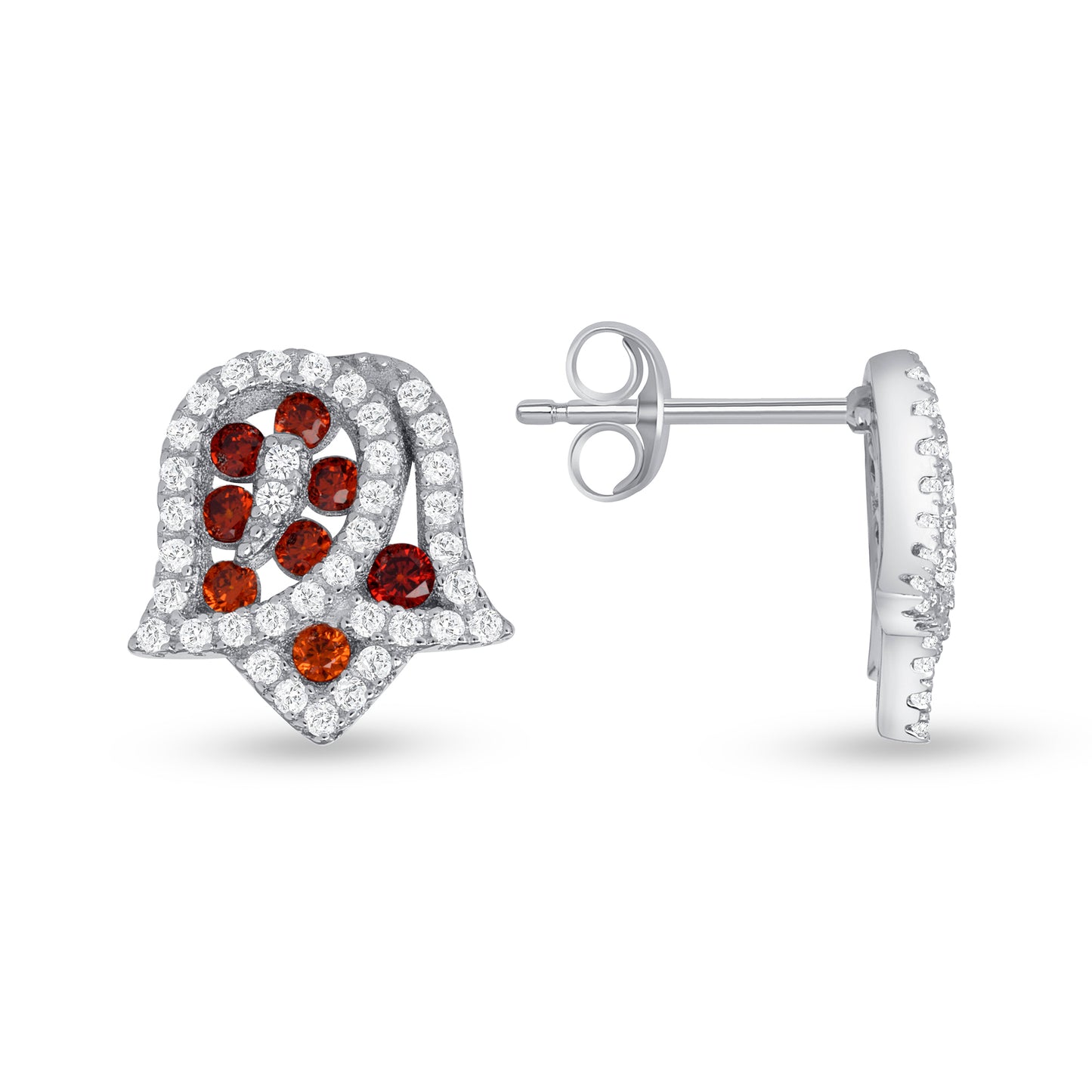 Silver 925 Rhodium Plated Tulip Flower Ruby Red Cubic Zirconia Set. SETDGN1297RED