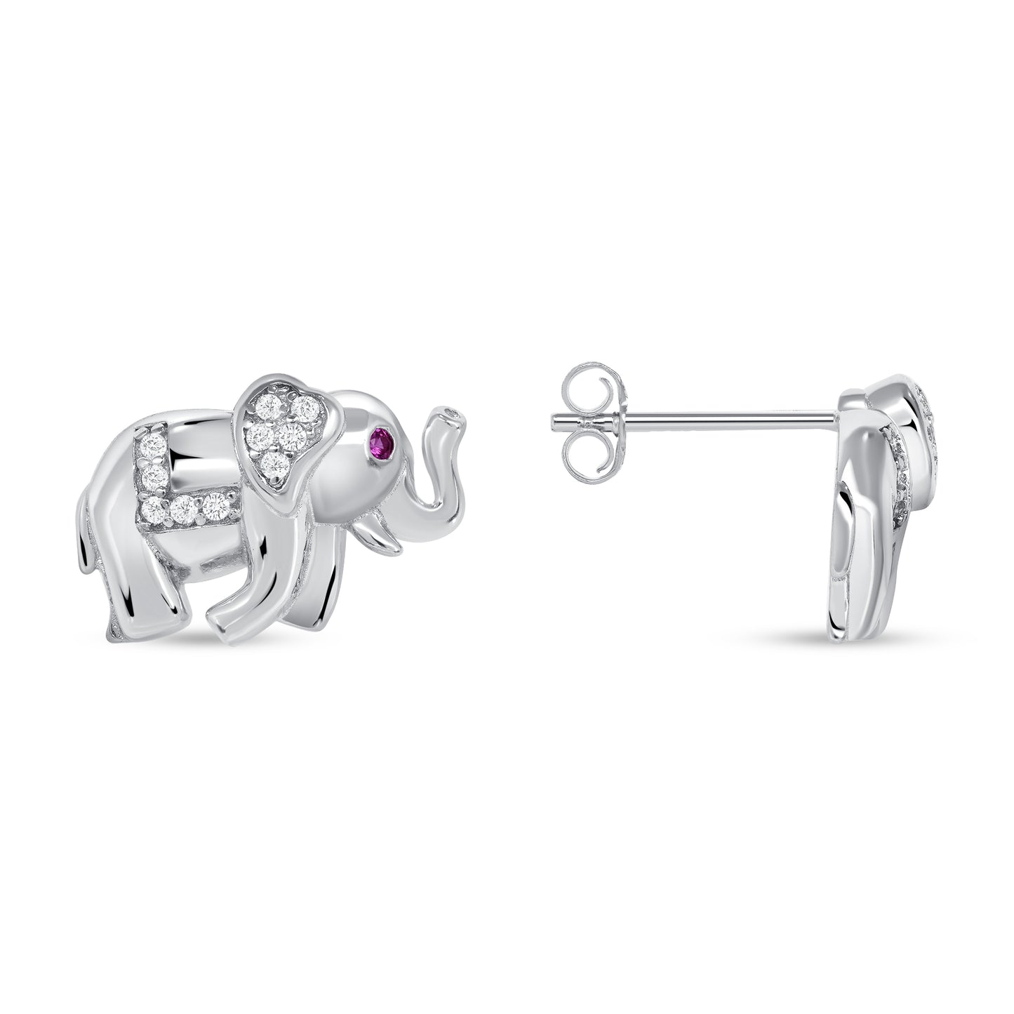 Silver 925 Rhodium Plated Red Eye Cubic Zirconia Elephant Set. SETGP7664RED