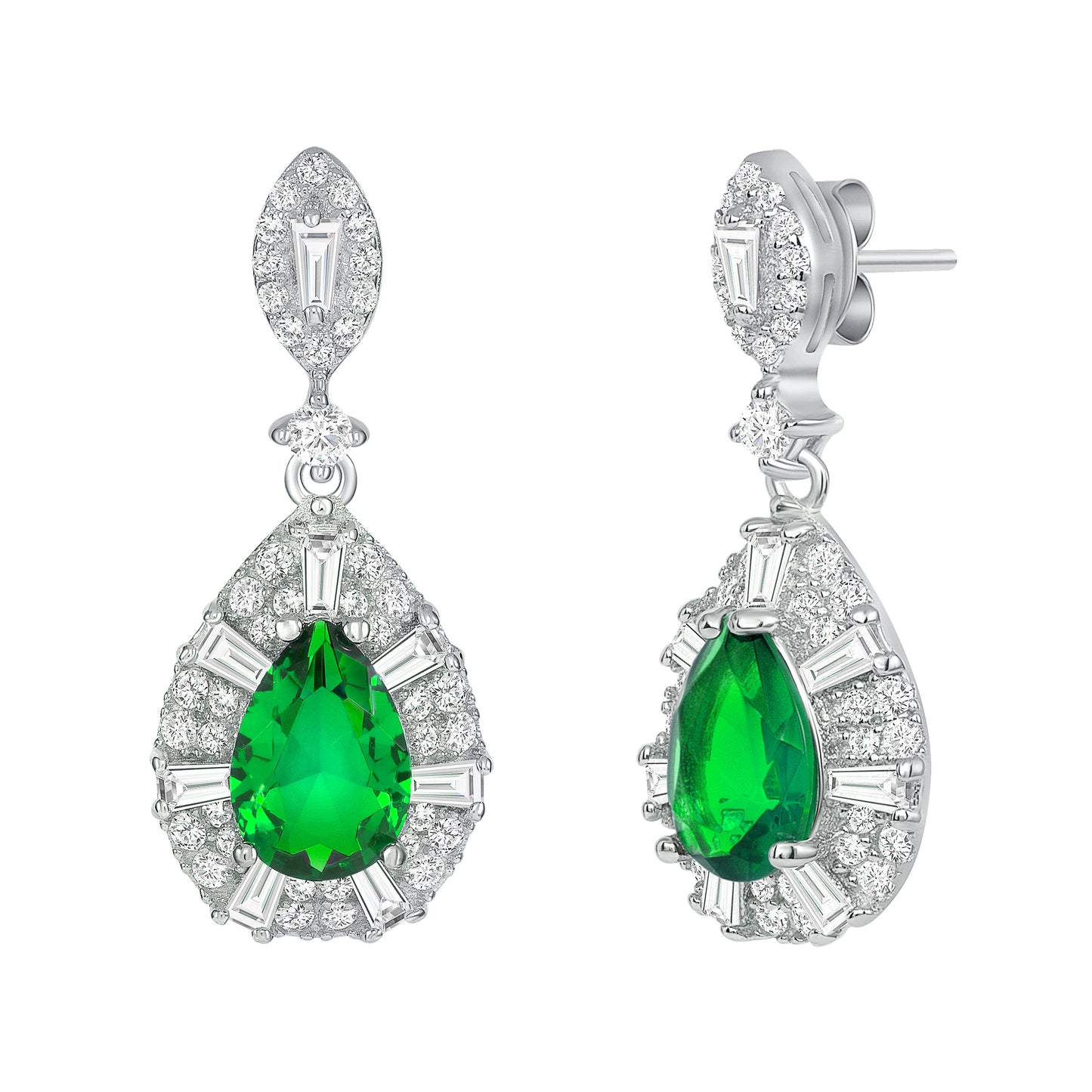 Silver 925 Rhodium Plated Green Cubic Zirconia Tear Drop Shape Set. SETBP14848GRN