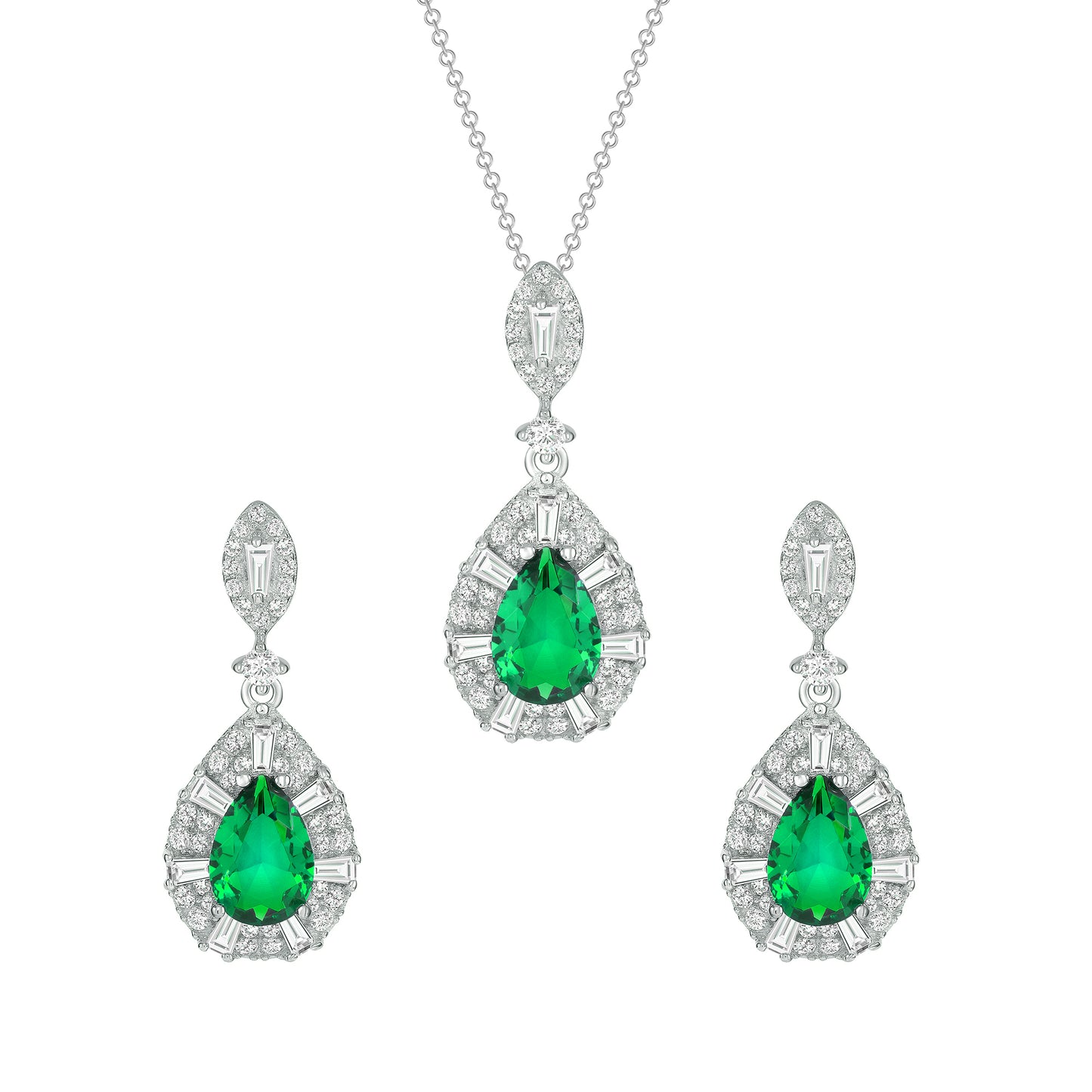 Silver 925 Rhodium Plated Green Cubic Zirconia Tear Drop Shape Set. SETBP14848GRN