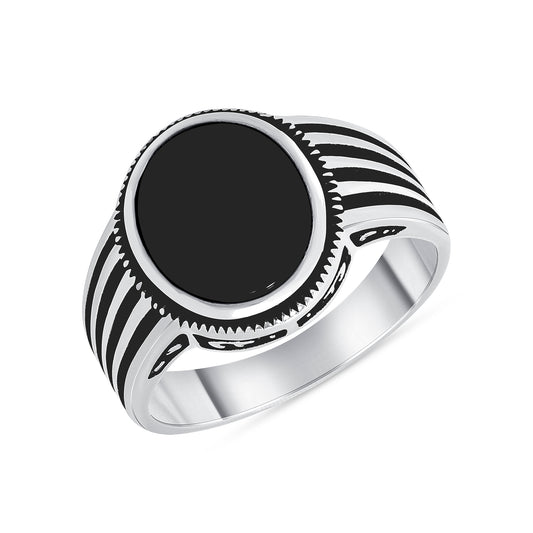 Silver 925 Black Stone 4 Black Lines Ring. ZKY546