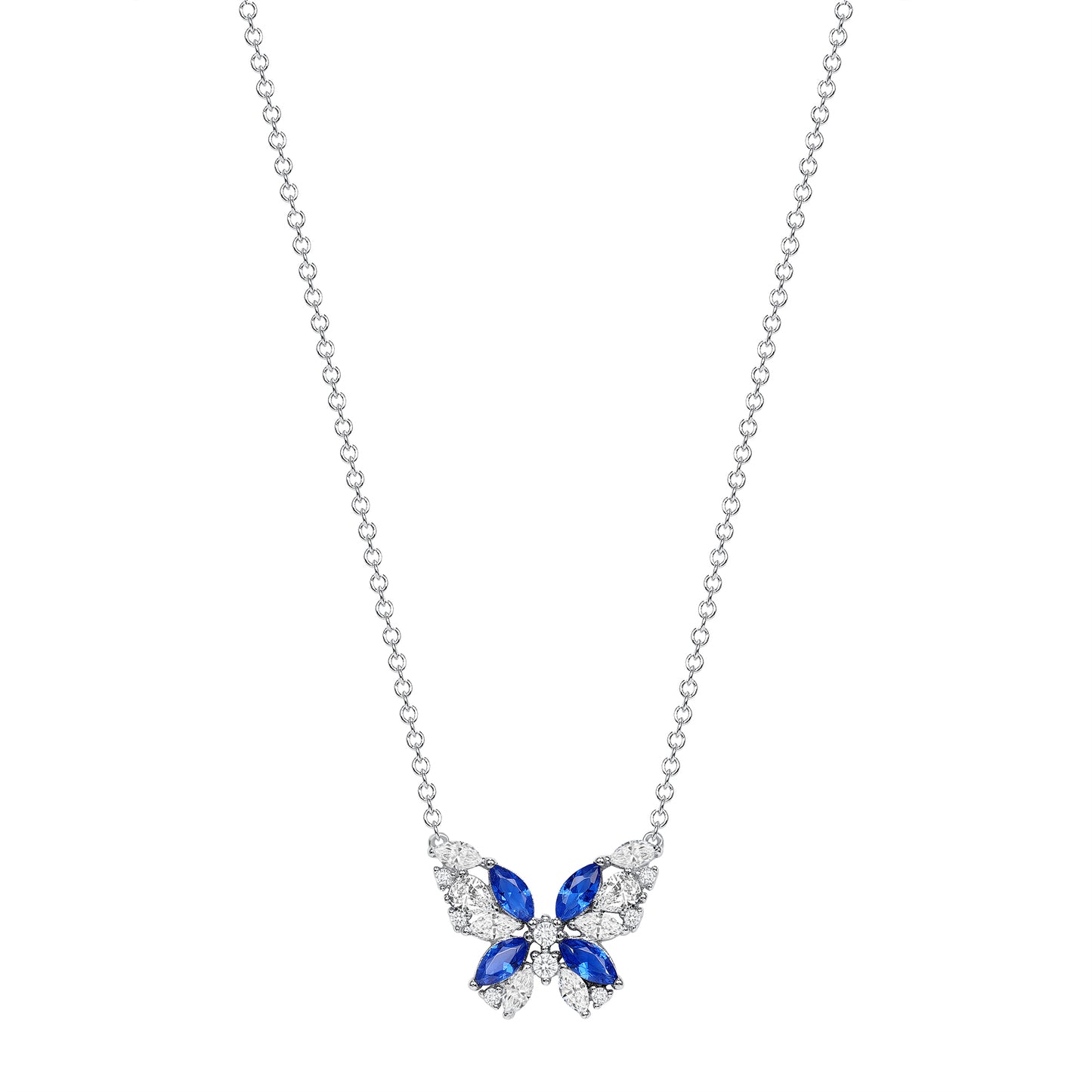 Silver 925 Blue and Clear Cubic Zirconia Butterfly Necklace. BN3969BLU