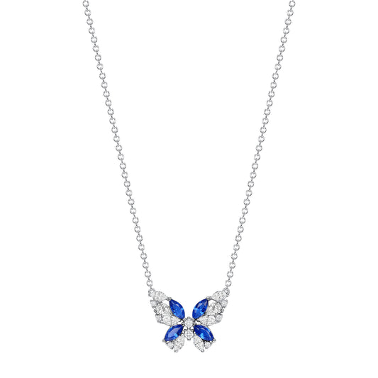 Silver 925 Blue and Clear Cubic Zirconia Butterfly Necklace. BN3969BLU