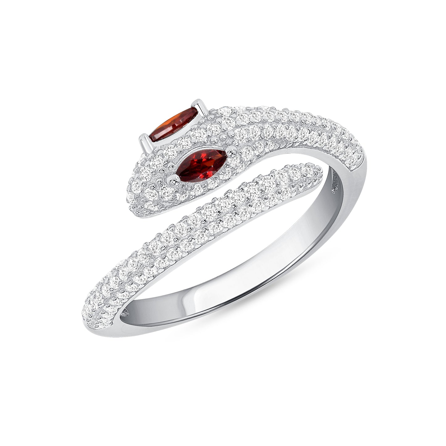 Silver 925 Rhodium Plated Red Garnet Cubic Zirconia Eye Snake Ring. BR15274