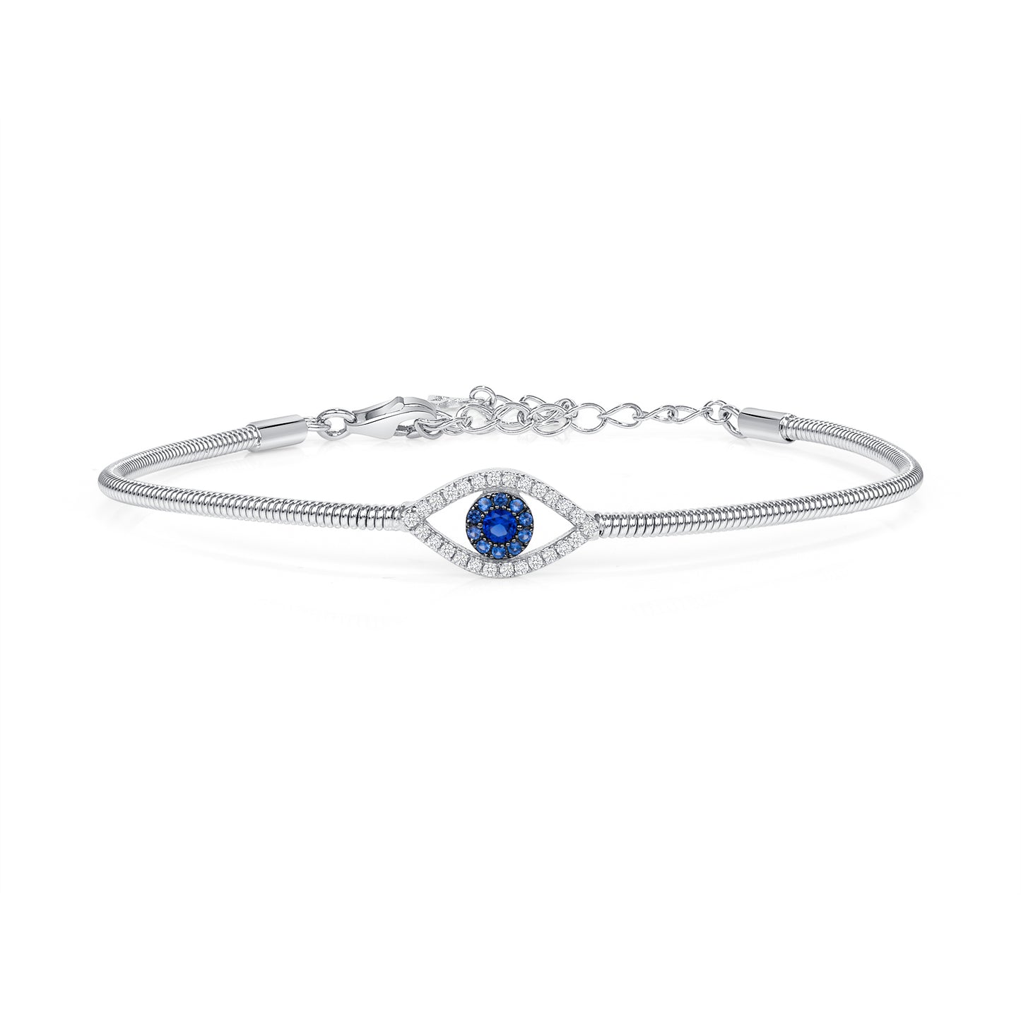 Silver 925 Rhodium Plated Blue Cubic Zirconia Eye Bangle. DGG0181