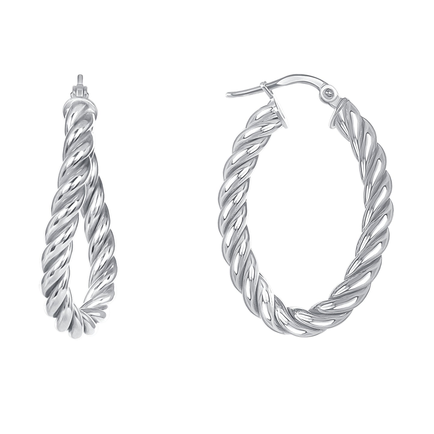 Silver 925 Rhodium Plated Italian Silver Twisted Oval Plain Hoop Earring. ITHP145-20MM