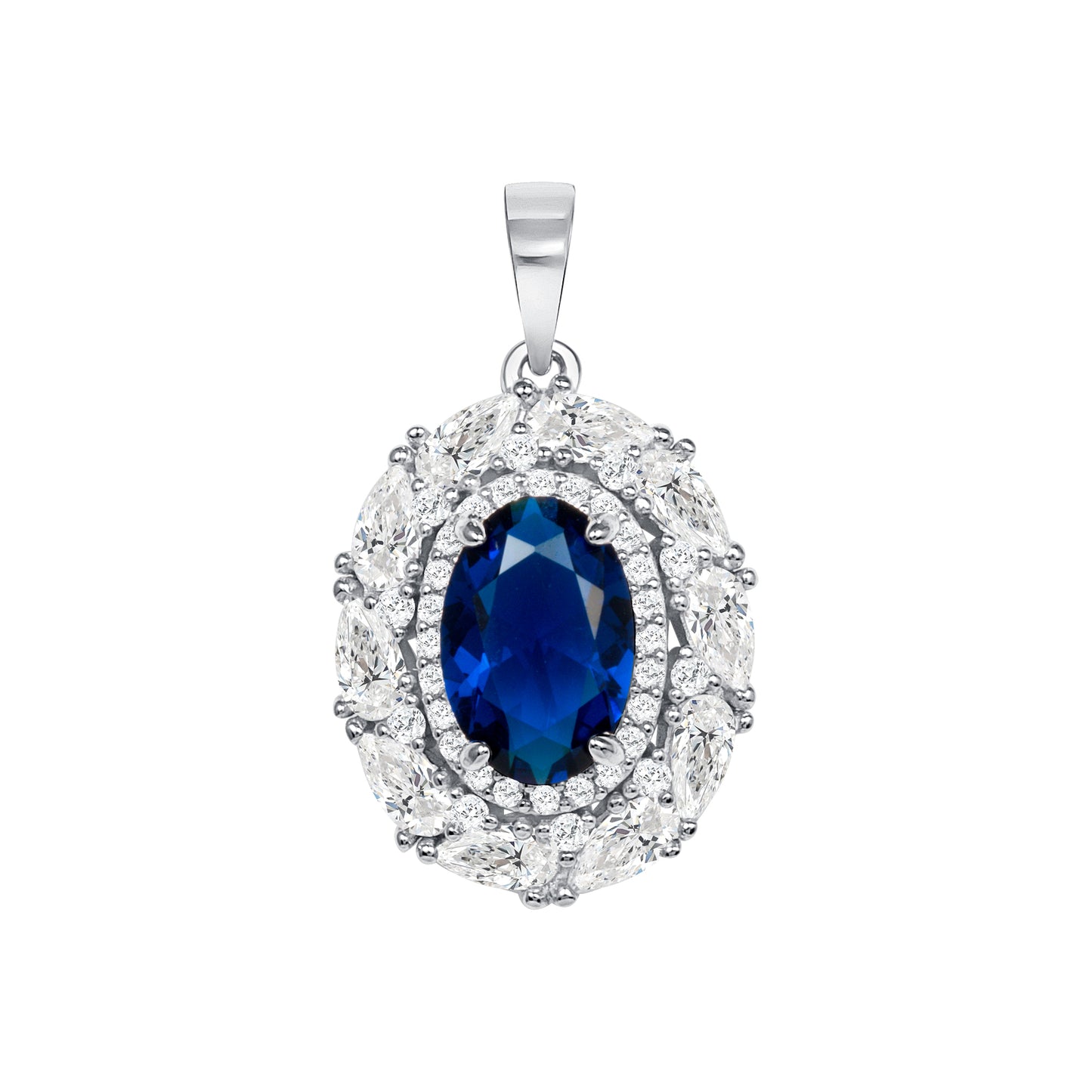 Silver 925 Rhodium Plated Blue Cubic Zirconia Oval Shape Set. SETBP15393BLU