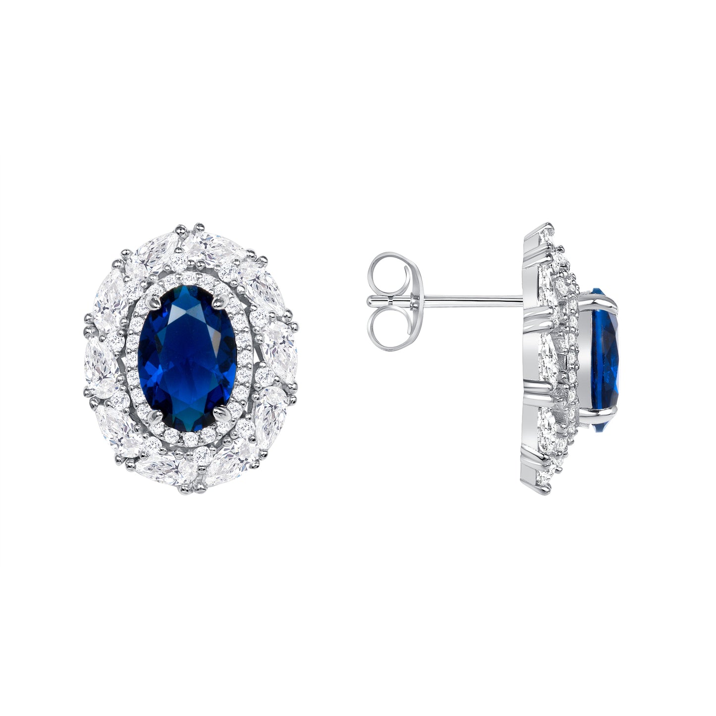 Silver 925 Rhodium Plated Blue Cubic Zirconia Oval Shape Set. SETBP15393BLU