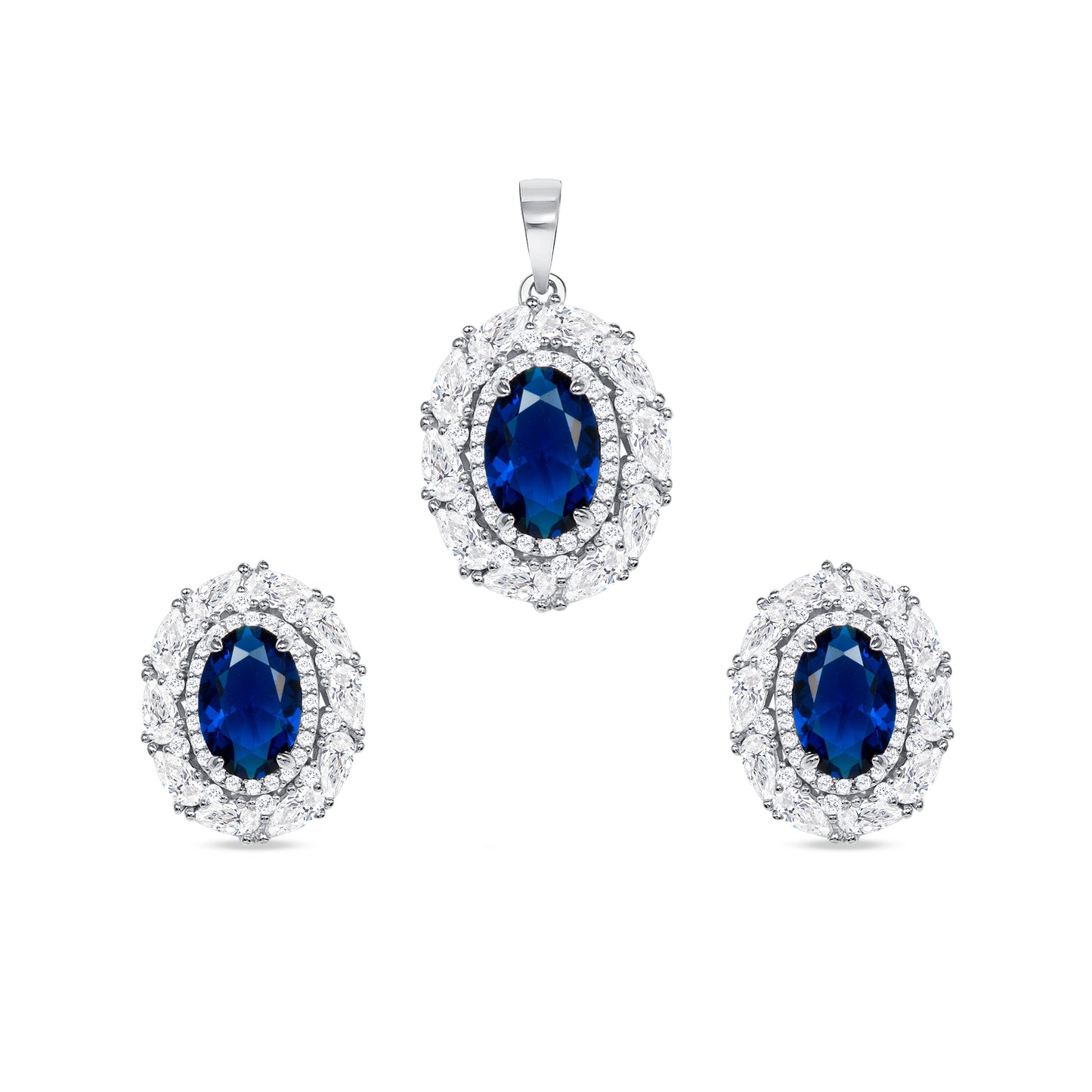 Silver 925 Rhodium Plated Blue Cubic Zirconia Oval Shape Set. SETBP15393BLU