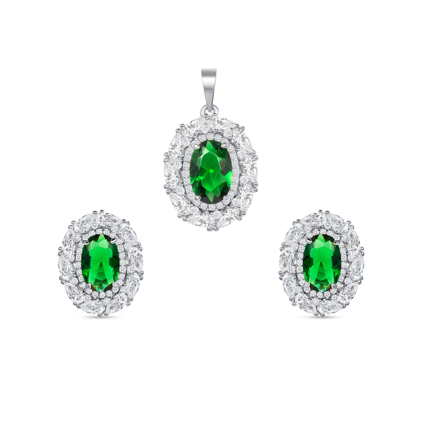 Silver 925 Green Cubic Zirconia Oval Shape Set. SETBP15393GRN
