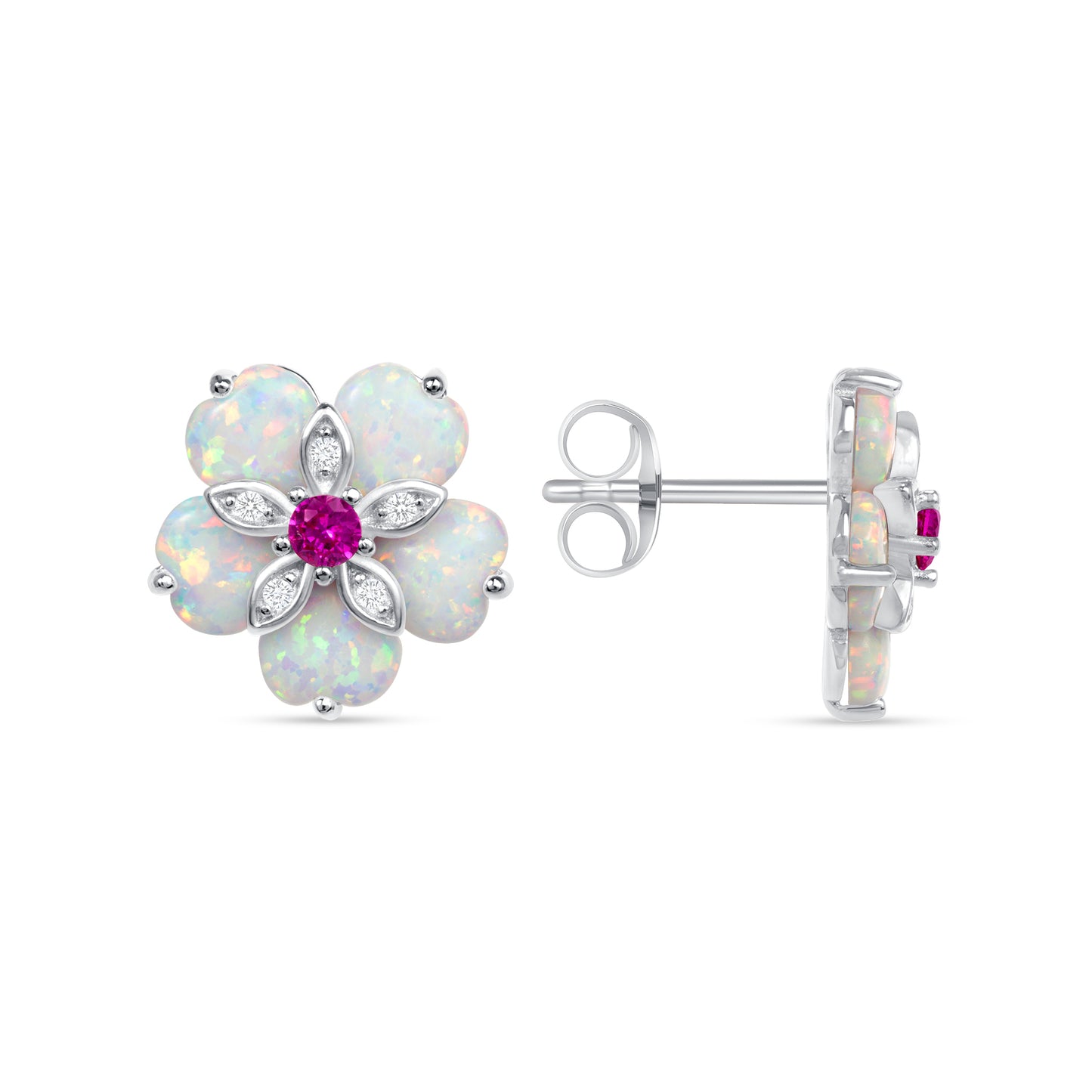 Silver 925 White Opal Petal Shape Red Cubic Zirconia Set. SETBP15419