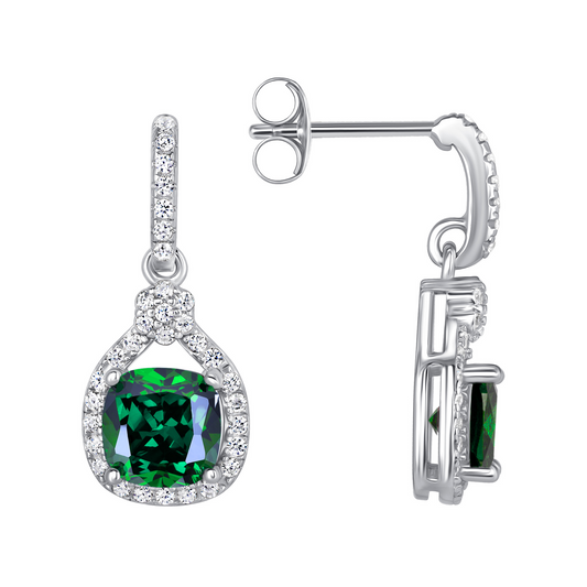 Silver 925 Rhodium Plated Green Emerald Cubic Zirconia Square Shape Set. SETDGP1857GRN