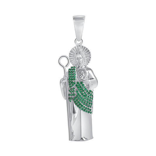 Silver 925 San Judas  (Saint Jude) Cubic Zirconia Green Emerald Pendant. SANJ01