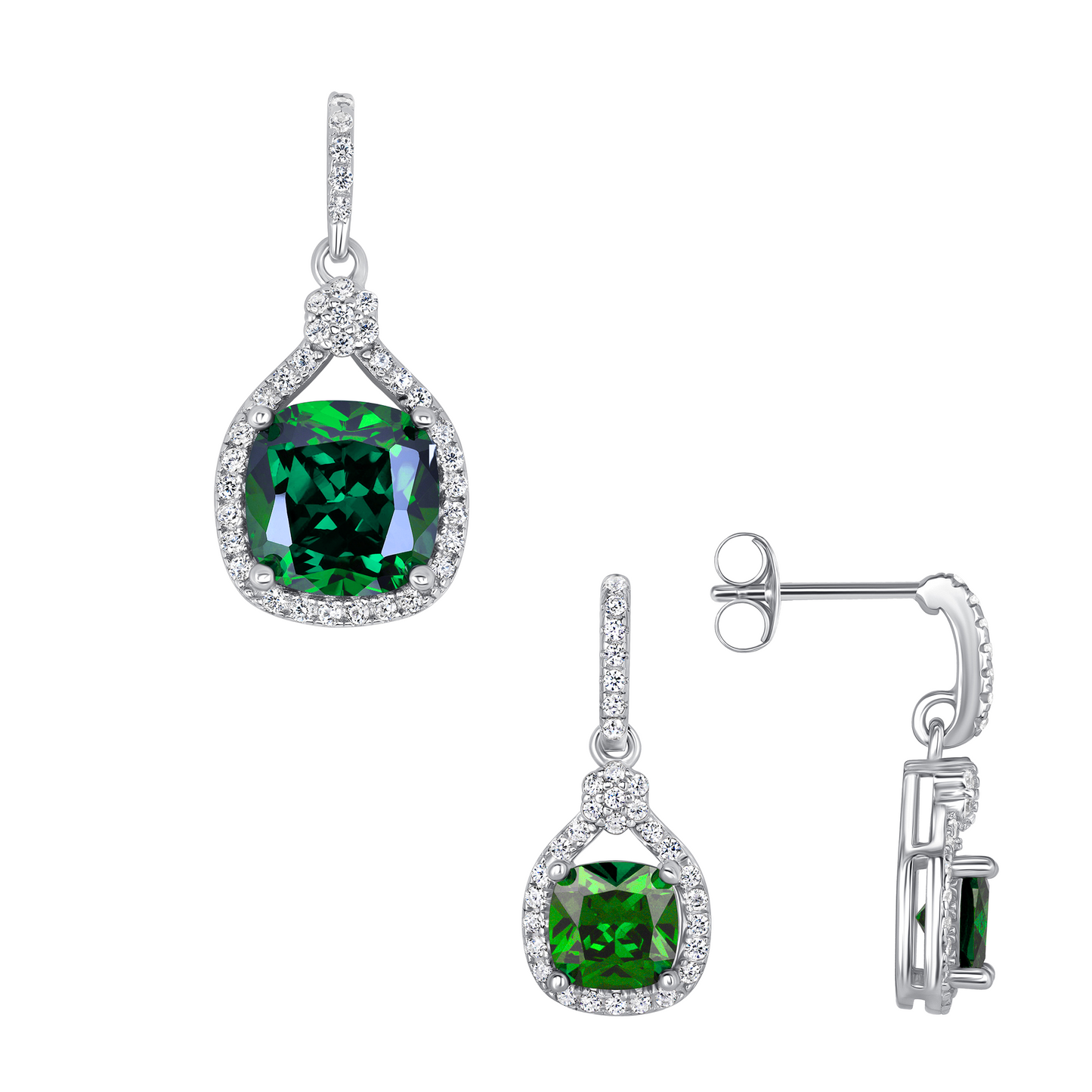 Silver 925 Rhodium Plated Green Emerald Cubic Zirconia Square Shape Set.  SETDGP1857GRN