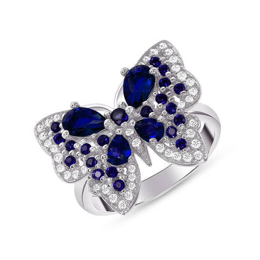 Silver 925 Rhodium Plated Fancy Butterfly Blue Cubic Zirconia Ring. ATR08