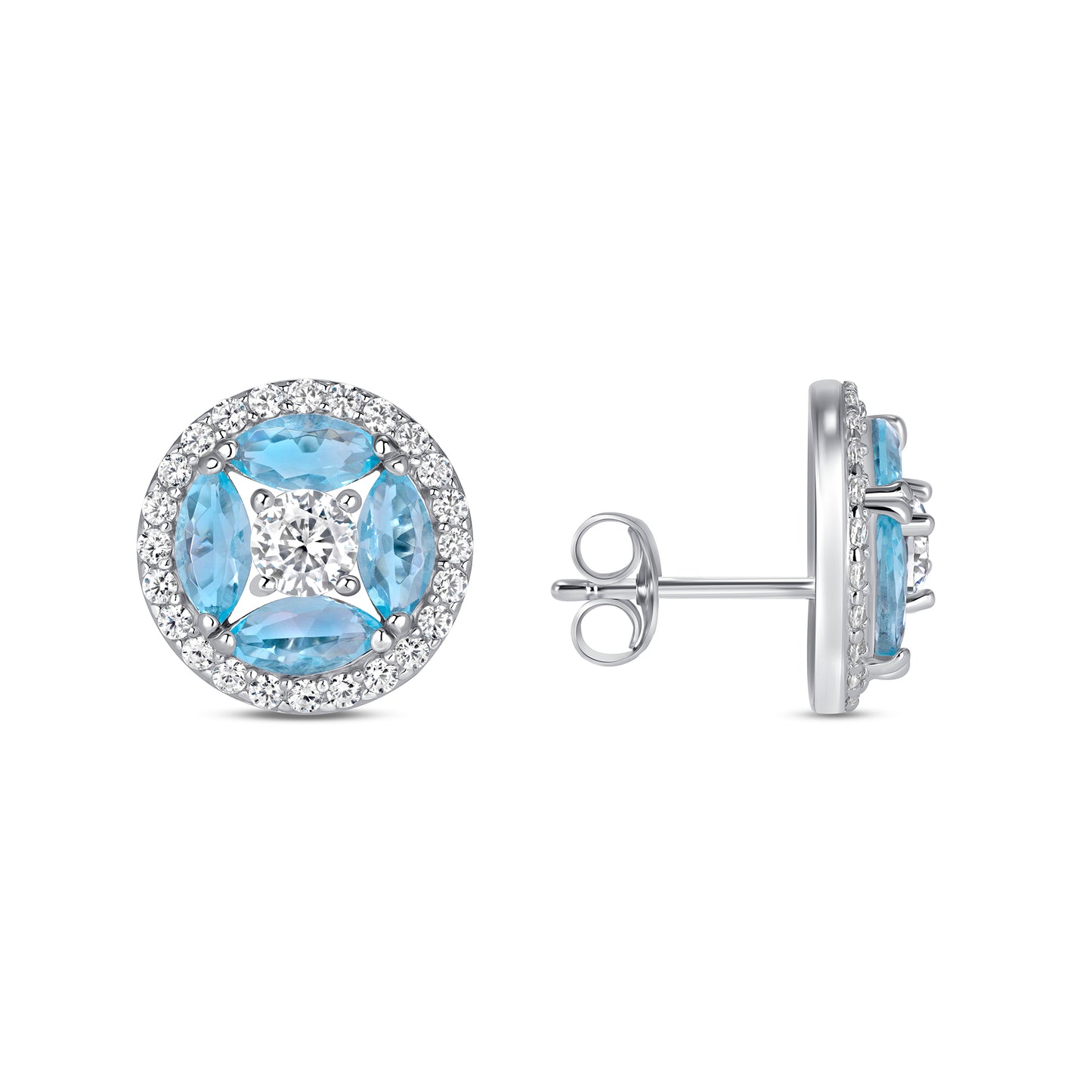 Silver 925 Rhodium Plated Aqua Round and Diamond Shape Cubic Zirconia Earring. BE10109AQ