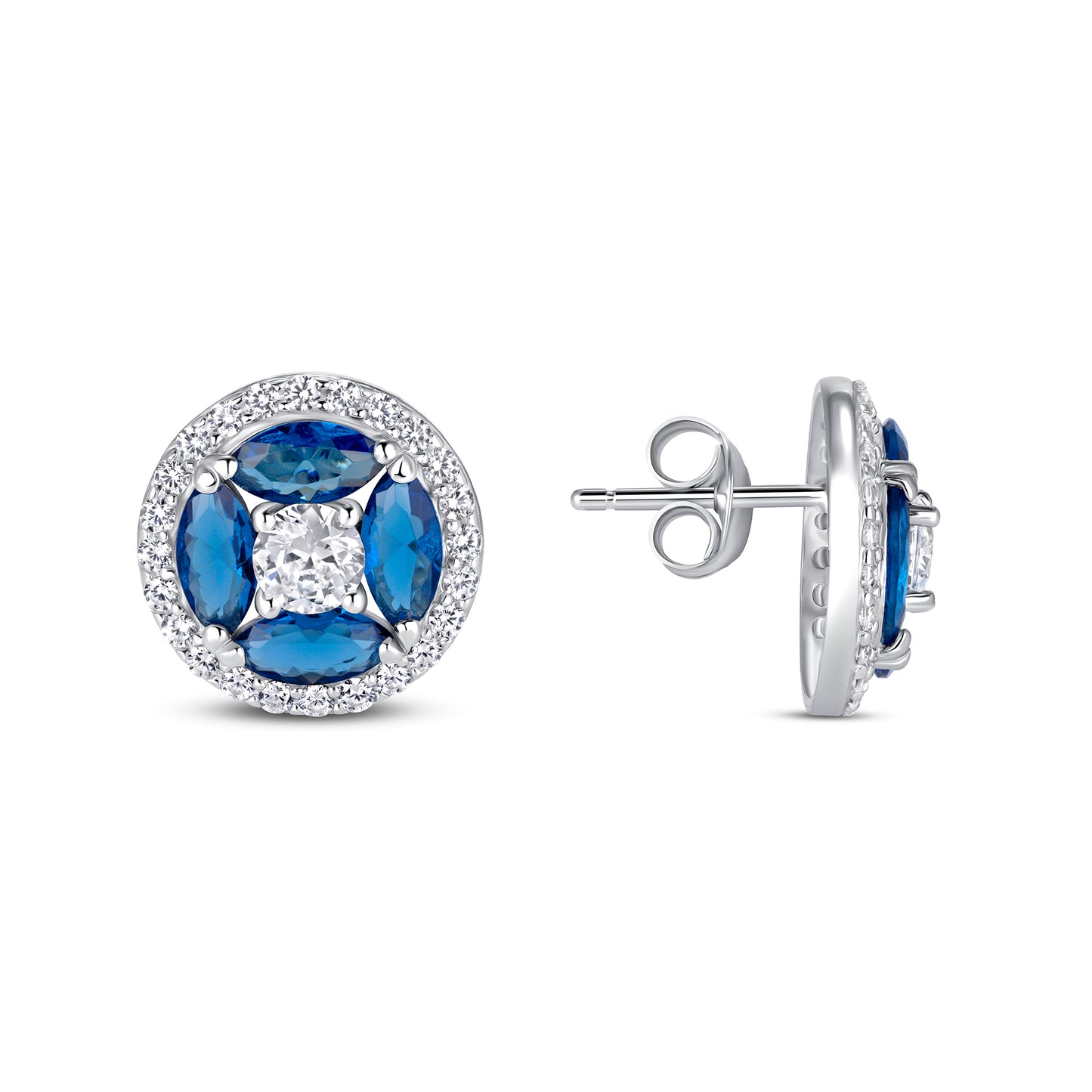 Silver 925 Rhodium Plated Blue Sapphire Round and Diamond Shape Cubic Zirconia Earring. BE10109BLU