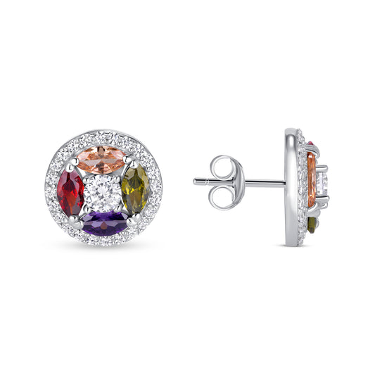 Silver 925 Rhodium Plated Multicolored Round and Diamond Shape Cubic Zirconia Earring. BE10109MUL