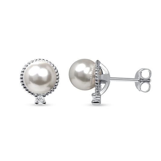 Silver 925 Braided Pearl Stud Cubic Zirconia Earring. BE10707