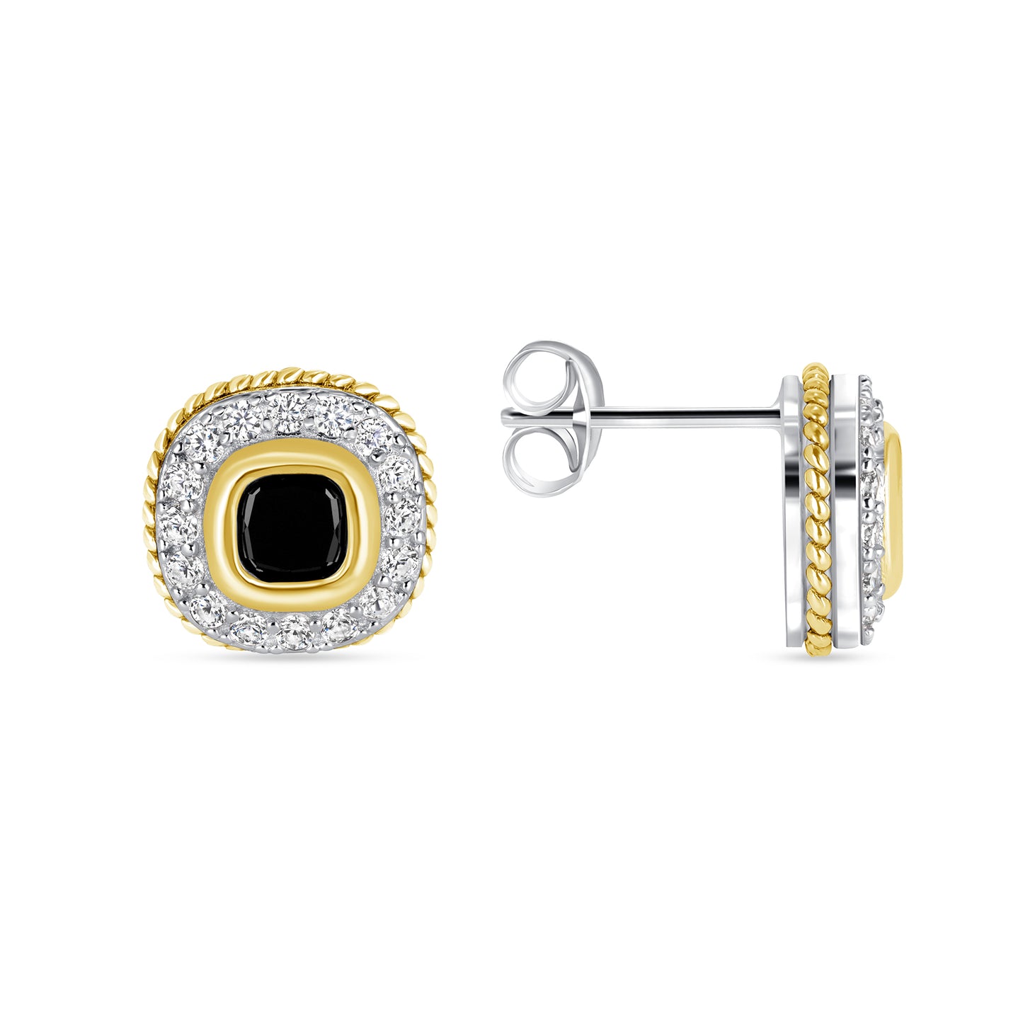 Silver 925 2 Tone Round Square Black Cubic Zirconia Earring. BE10830BLK