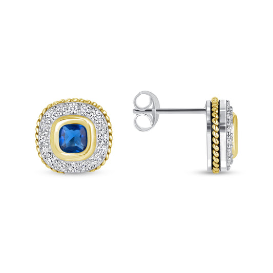 Silver 925 2 Tone Round Square Blue Sapphire Cubic Zirconia Earring. BE10830BLU