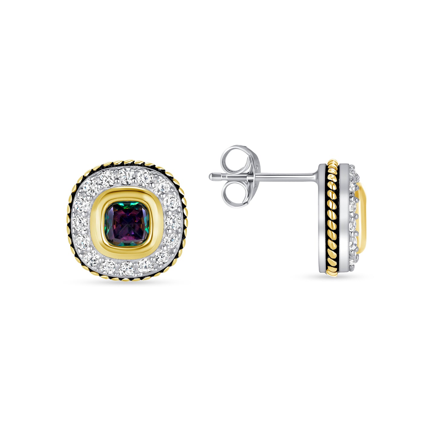 Silver 925 2 Tone Round Square Mystic Topaz Cubic Zirconia Earring. BE10830MST