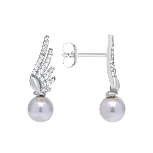 Silver 925 Rhodium Plated White Shell Pearl Clear Cubic Zirconia with Wings Earring. BE11623