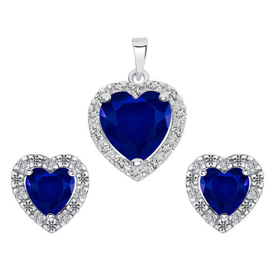 Silver 925 Rhodium Plated Heart Blue Sapphire Matte Glass Set. SETBP12901BLU