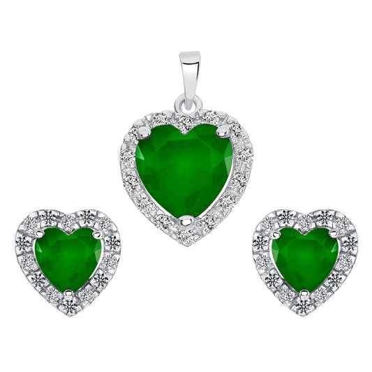 Silver 925 Rhodium Plated Heart Green Emerald Matte Glass Set. SETBP12901GRN