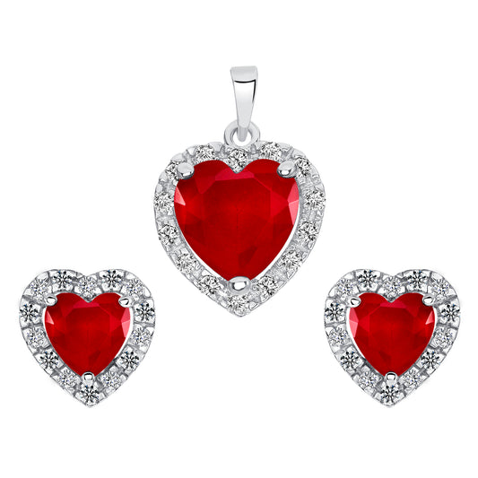 Silver 925 Rhodium Plated Heart Red Garnet Matte Glass Set. SETBP12901RED