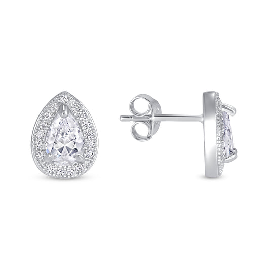 Silver 925 Rhodium Plated Pear Shape & Clear Cubic Zirconia Stud Earring. BE8159CLR