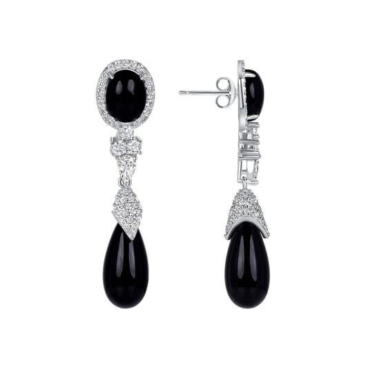 Silver 925 Rhodium Plated Tear Drop Black Onyx Cubic Zirconia Earring. BE9711ONYX