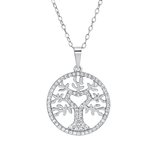 Silver 925 Rhodium Plated Clear Cubic Zirconia Tree of Life Necklace. BP15325
