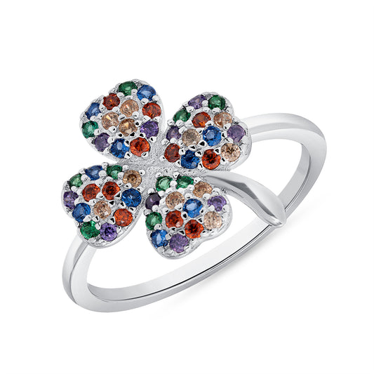 Silver 925 Rhodium Plated Multicolor Cubic Zirconia Clover Ring. BR14681