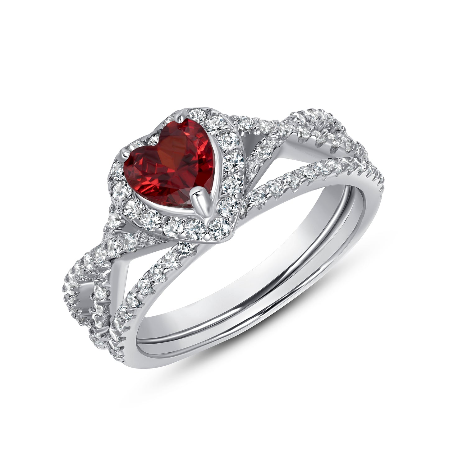 Silver 925 Rhodium Plated Red Garnet Cubic Zirconia Heart Ring with Cubic Zirconia Band. BR14827