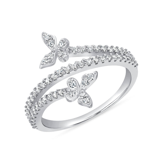 Silver 925 Rhodium Plated Clear Cubic Zirconia Two Butterflies Ring. BR15472