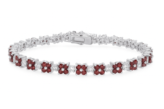 BB2664R. Silver 925 Rhodium Plated Red Garnet Cubic Zirconia Flower Bracelet