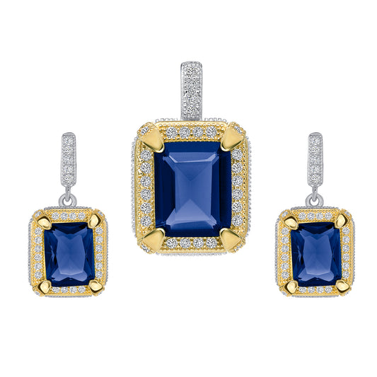 Silver 925 2 Tone Rhodium & Gold Plated Blue Sapphire Rectangle Cubic Zirconia Set. SETDGP1089BLU