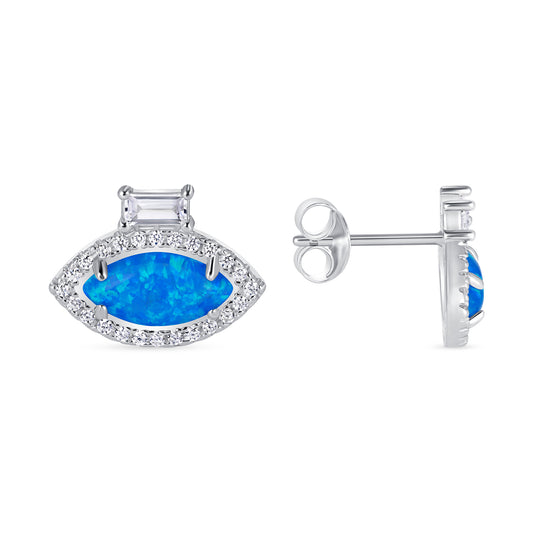 Silver 925 Rhodium Plated Eye Shape Blue Opal Earrings. DGE2044BLU