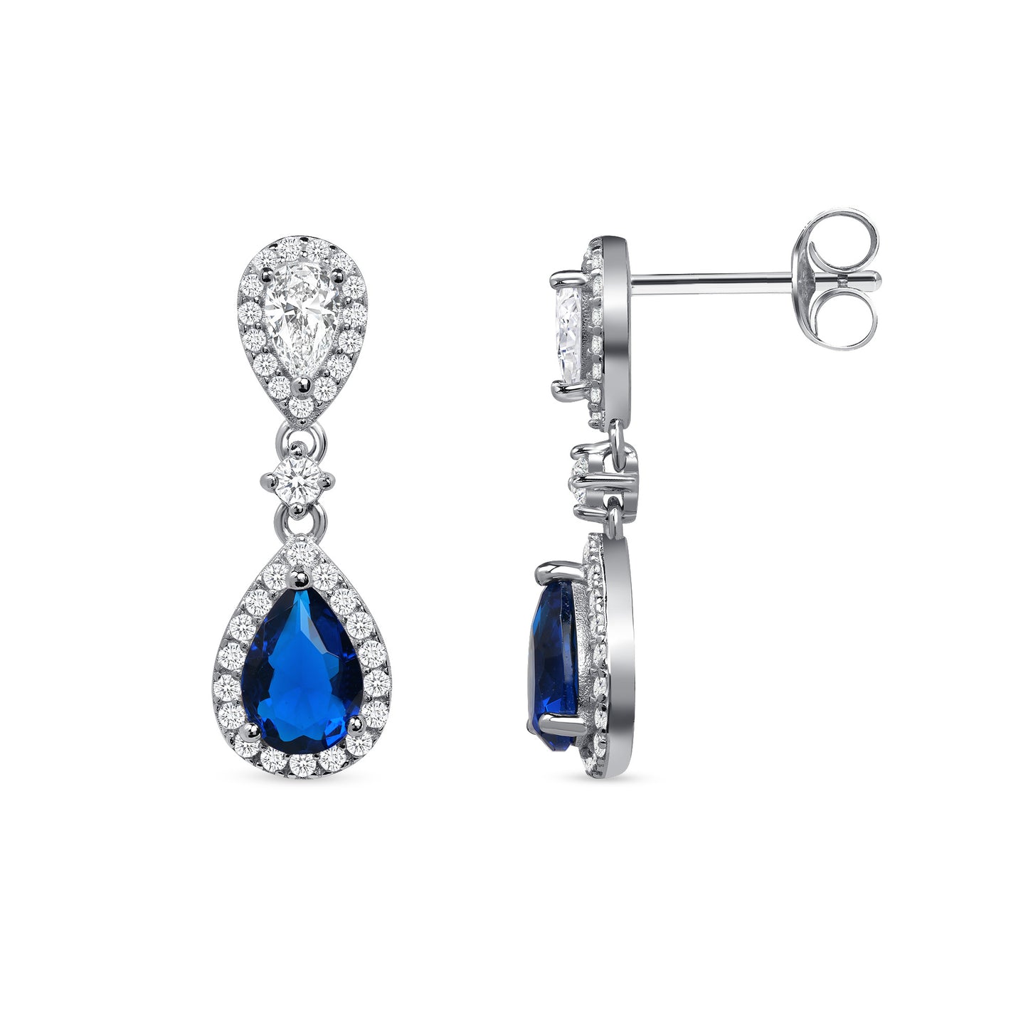Silver 925 Rhodium Plated Blue Tear Shaped Cubic Zirconia Dangle Earring. DGE2354BLU