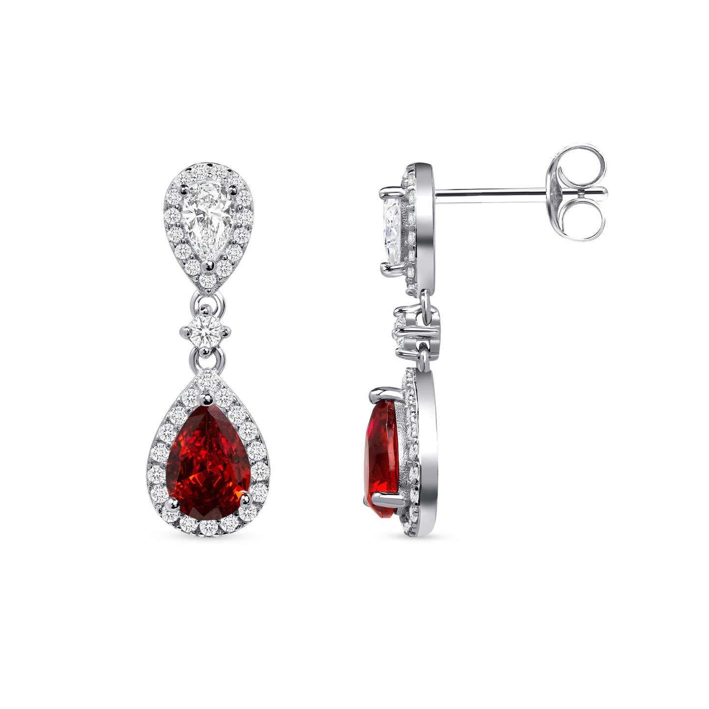 Silver 925 Rhodium Plated Red Tear Shaped Cubic Zirconia Dangle Earring. DGE2354RED